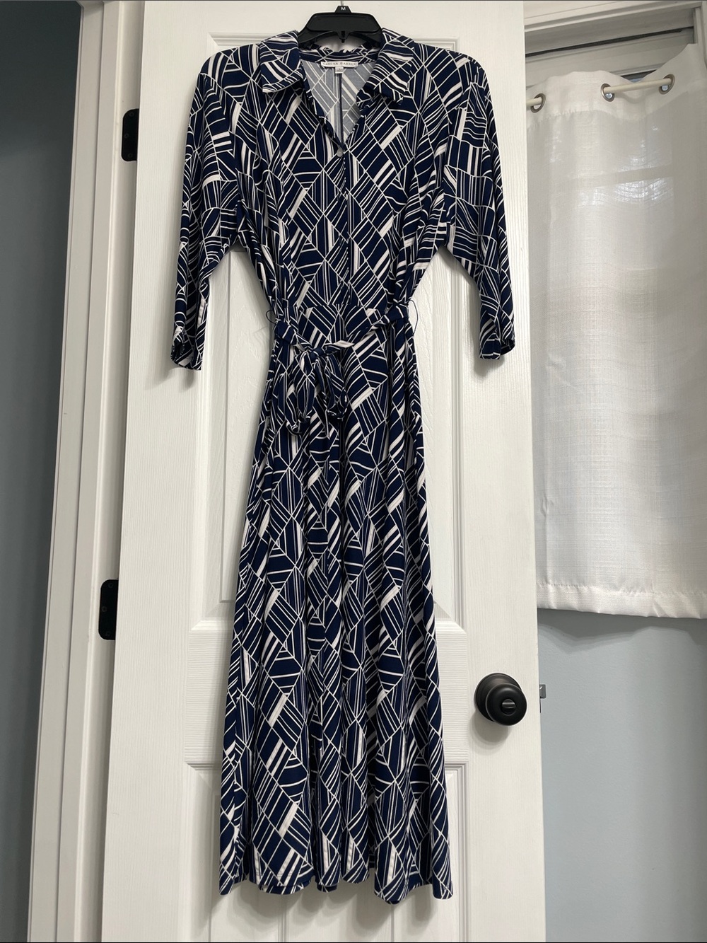 Navy Geometric Maxi Dress with Tie Belt